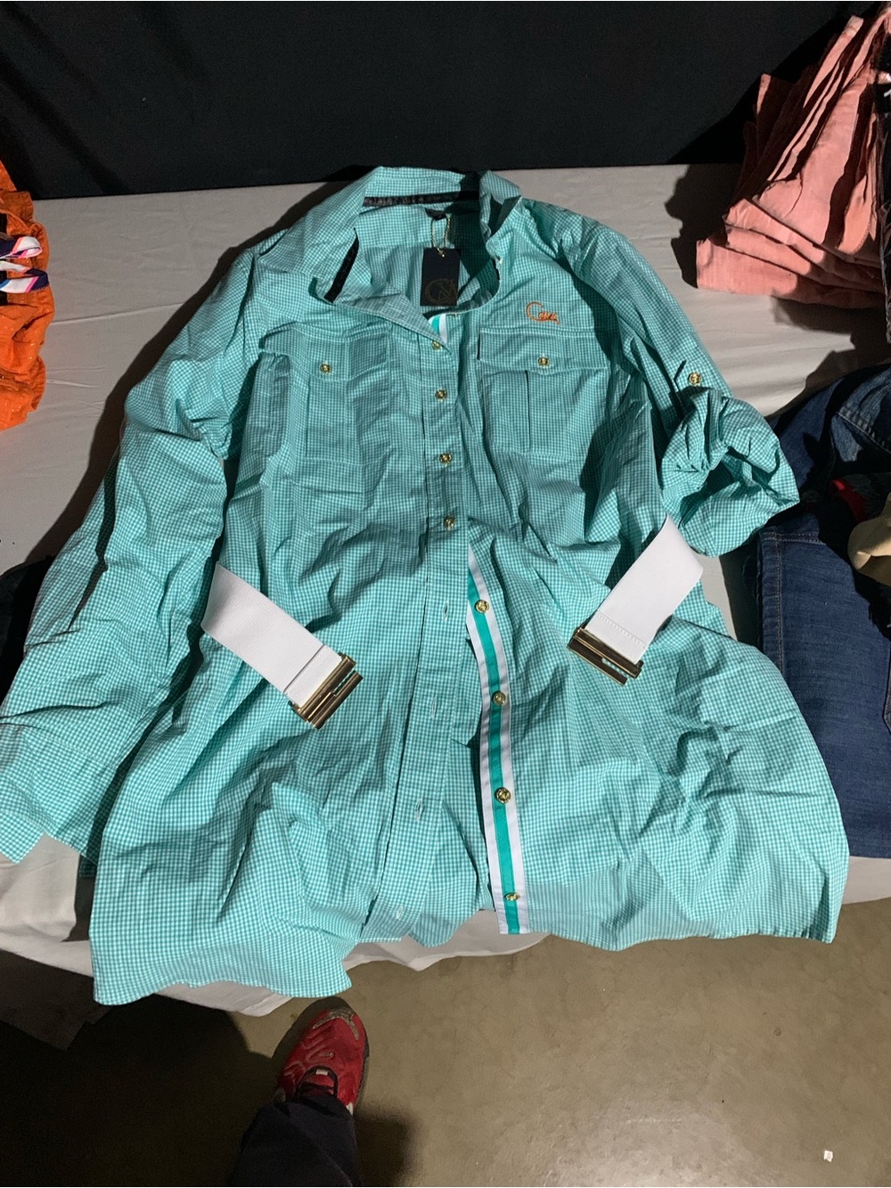 Light Aqua Button-Front Trench Coat with White Belt Accents